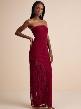 NWT Lulus Irresistible Attitude Red Strapless Lace Column Maxi Dress - Size XS